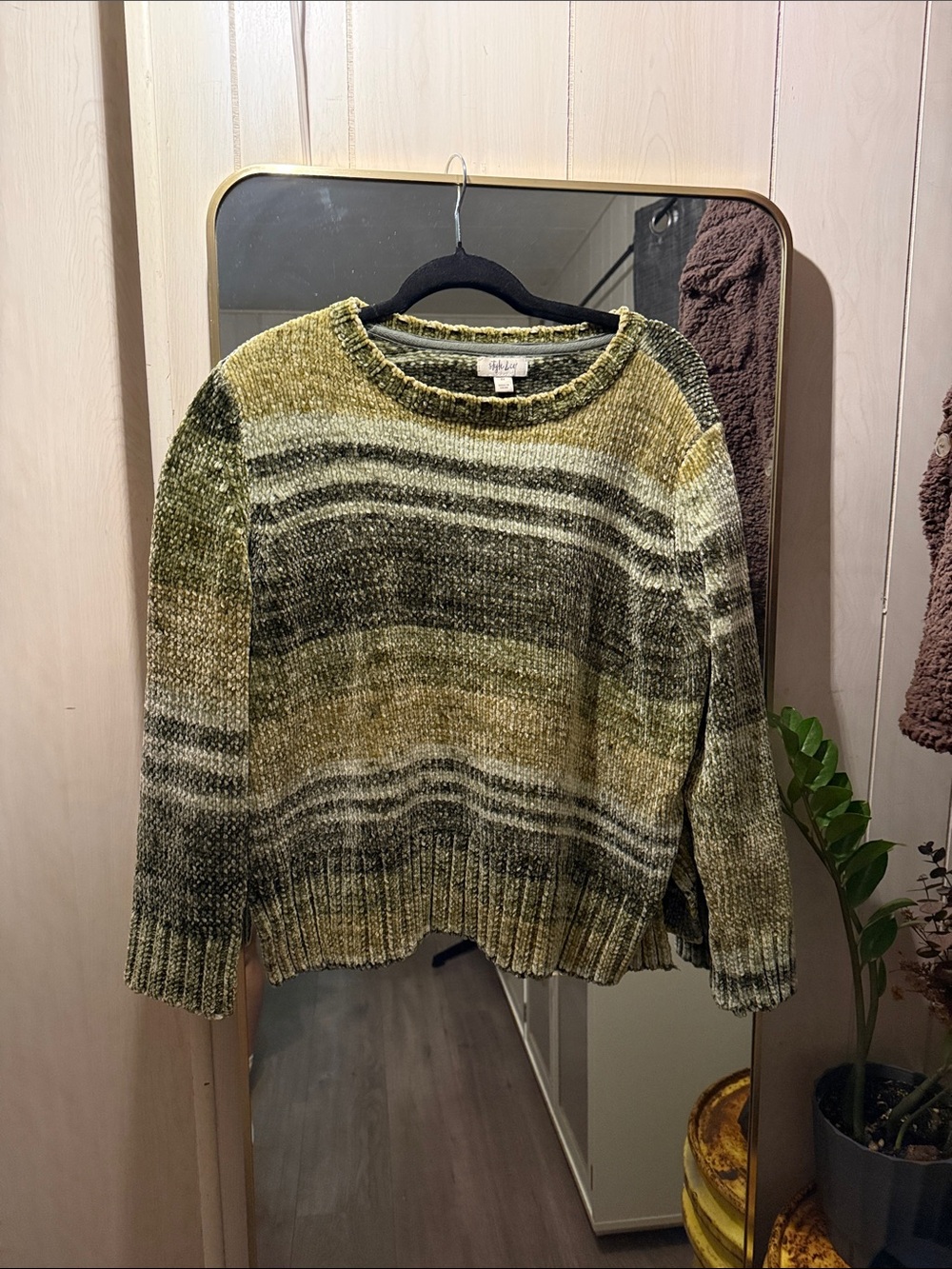 Style & Co. Striped Crewneck Sweater - Olive Green and Moss